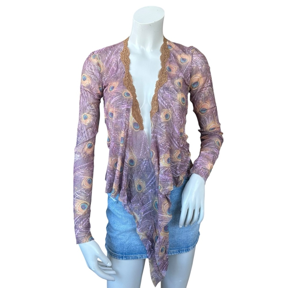 NWT Y2K Only Hearts by Helena Stuart Sheer Peacock Print Lace Trim Open Top M/L